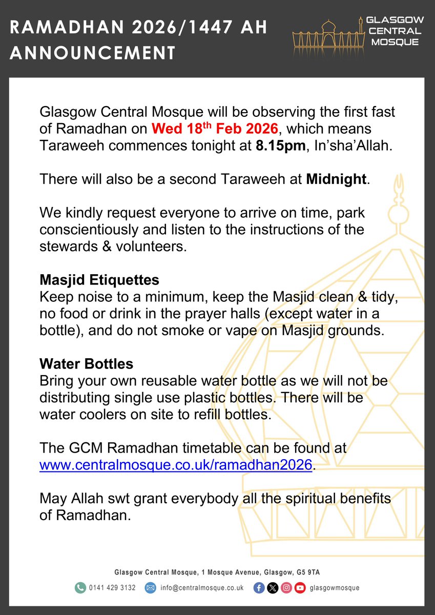 GlasgowMosque's tweet photo. GCM - Ramadhan 2026 / 1447 AH Announcement https://t.co/ctasdqISvS