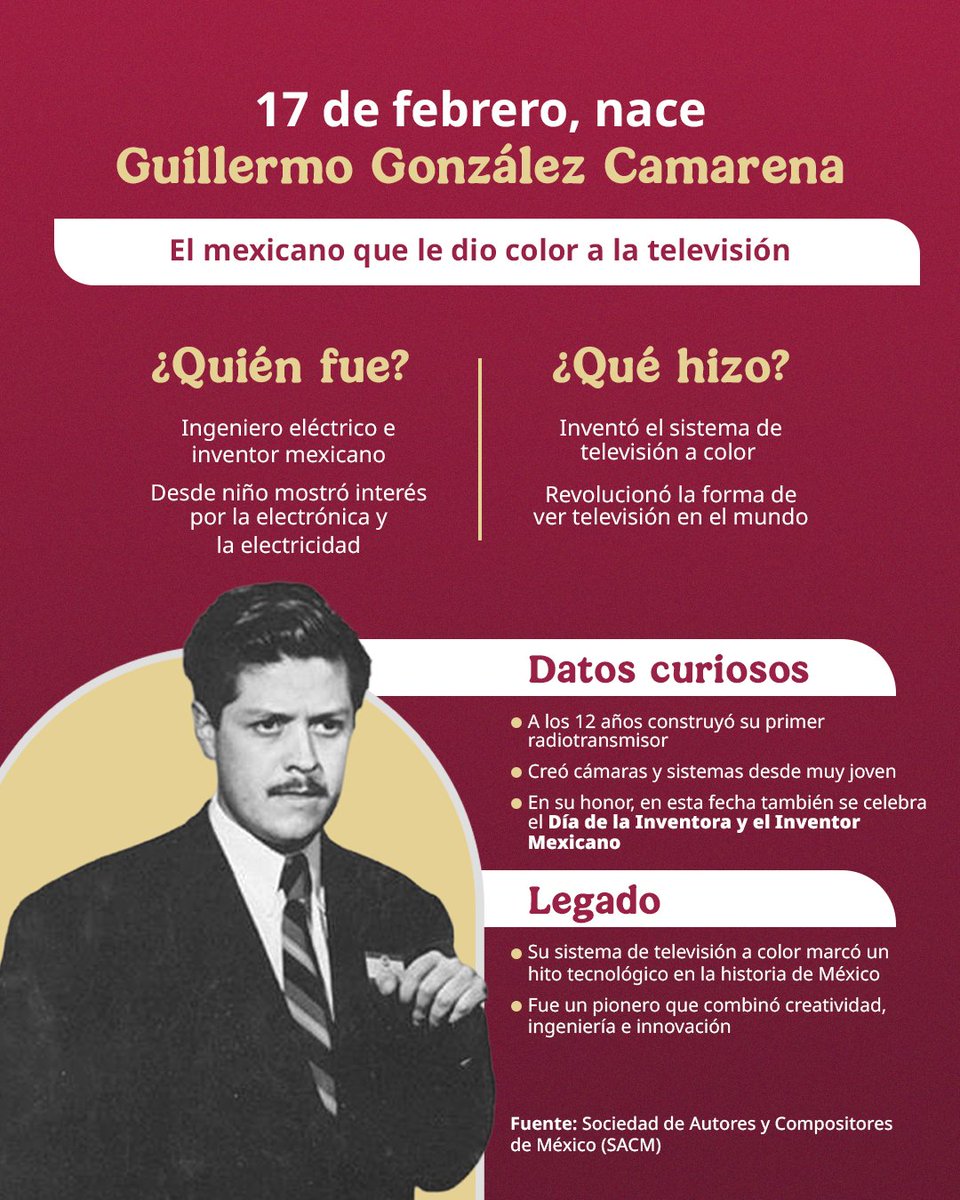 FOVISSSTEmx's tweet photo. Día de la #Inventora y el #InventorMexicano | Un día como hoy, 17 de febrero, nació un mexicano que cambió la historia: Guillermo González Camarena.
Inventor del sistema de televisión a color y símbolo de creatividad e ingenio nacional.
México también innova. México también crea.