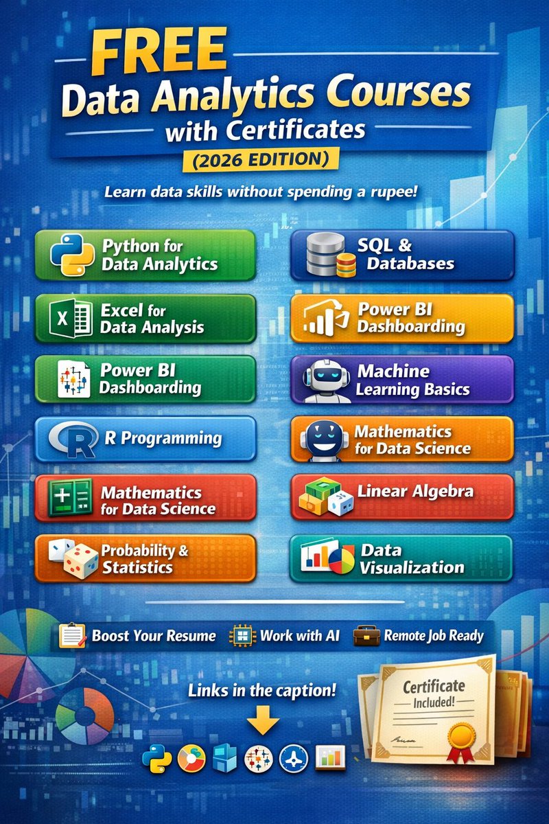 🎓 FREE Data Analytics Courses with Certificates (2026 Edition)

Save this thread 🧵 &amp; start learning today 👇

🐍 Python for Data Analytics
cs50.harvard.edu/python/2022/

🗄️ SQL (Databases &amp; Queries)
openclassrooms.com/en/courses/207…

📊 Excel for Data Analysis
simplilearn.com/learn-business…

📈 Power
