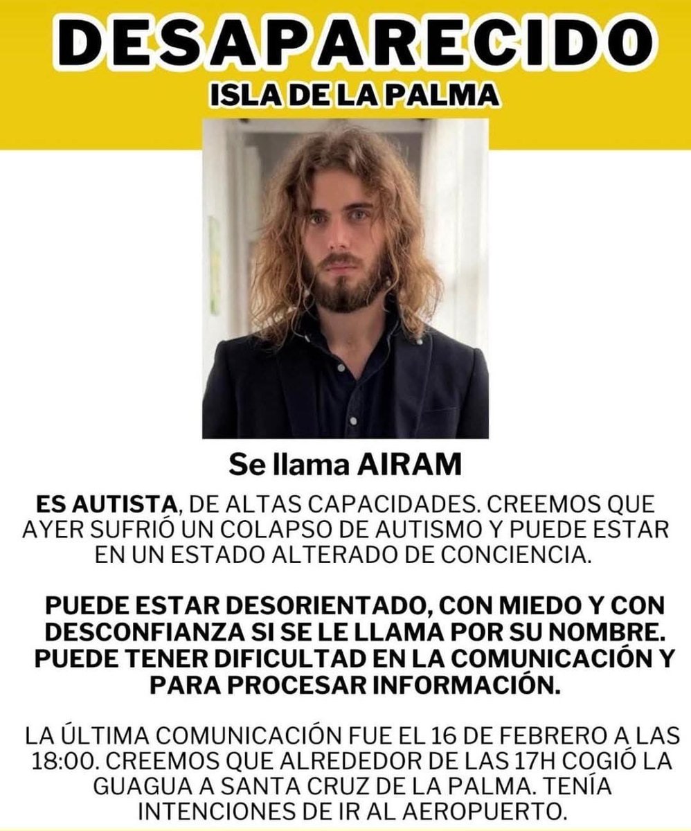 Se busca a Airam, el hijo de la cineasta palmera Mercedes Afonso. 

Es autista y puede estar desorientado.

Se ruega difusión. En el caso de tener información, contactar con el 112.