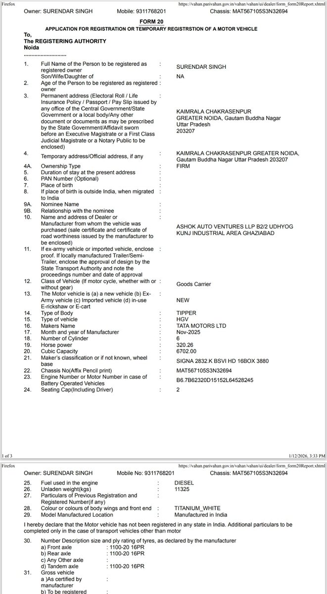 gourav_bhati097's tweet photo. @TataMotorsCV @TataCompanies @TataMotors @consumerforum_ @FADA_India @ACMAIndia @TheANI_Official  Dear Sir Subject: Complaint - Tata Signa 2832 Model Vehicle Fraud and Unethical Practices

Dear Sir / Team,

I am [Surendra Singh]. I purchased a Tata Signa 2832 model vehicle from Ashok Automobile Ventures LLP, Ghaziabad,Uttar Pradesh INDIA on January 2, 2026. However, the dealer has already sold the vehicle to another company [ Preet earth movers OPC private limited]and issued a bill in someone else's name, not mine. This is a serious fraud and I have been duped.

I contacted the dealer, but they not only ignored my complaint but also treated me rudely. This behavior is completely unacceptable, and I wish to file a complaint.

I have collected all the documents and evidence, including the vehicle bill, records of my conversations with the dealer, and other relevant documents. I request you to take immediate action on my complaint and provide me with a fair resolution.

 If I don't see appropriate action from you, I will be forced to go to court and take legal action against you for fraud and unethical behavior. I want this matter taken seriously and my complaint resolved.

I look forward to your response.
 
Owner Name : SURENDAR SINGH 
Contact Number : 9311768201
Truck Model : SIGNA 2832 K TIPPER 
Machine Serial / Chassis No. : MAT567105S3N32694

Thank you, (Surendra Singh)