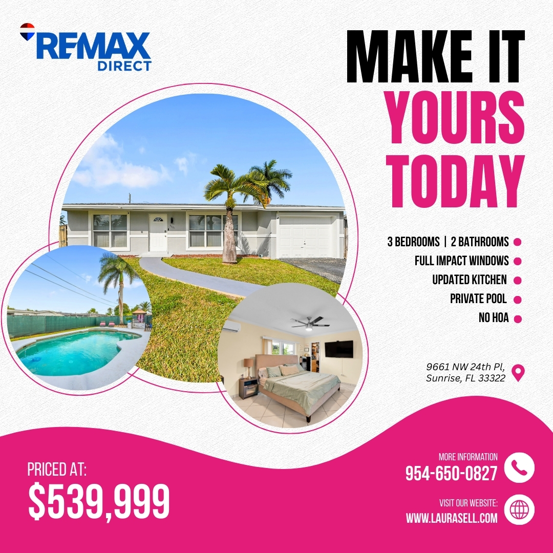 laurasellsflcom's tweet image. 🏡 Your Forever Home Awaits!
📍 9661 NW 24th Pl, Sunrise, FL 33322
💰 $539,999

📲 Don’t miss out! Call or text Laura Sanders 954-650-0827 to schedule your private tour today.

#SunriseFLHomes #PoolHomeForSale #SunriseGolfVillage #NoHOA #FloridaHomesForSale #MoveInReadyFL
