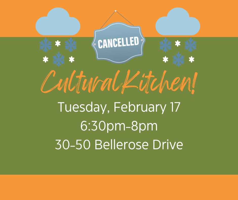 Our Cultural Kitchen for this evening has been canceled due to the weather. We’ll keep you updated on the next event! ❄️