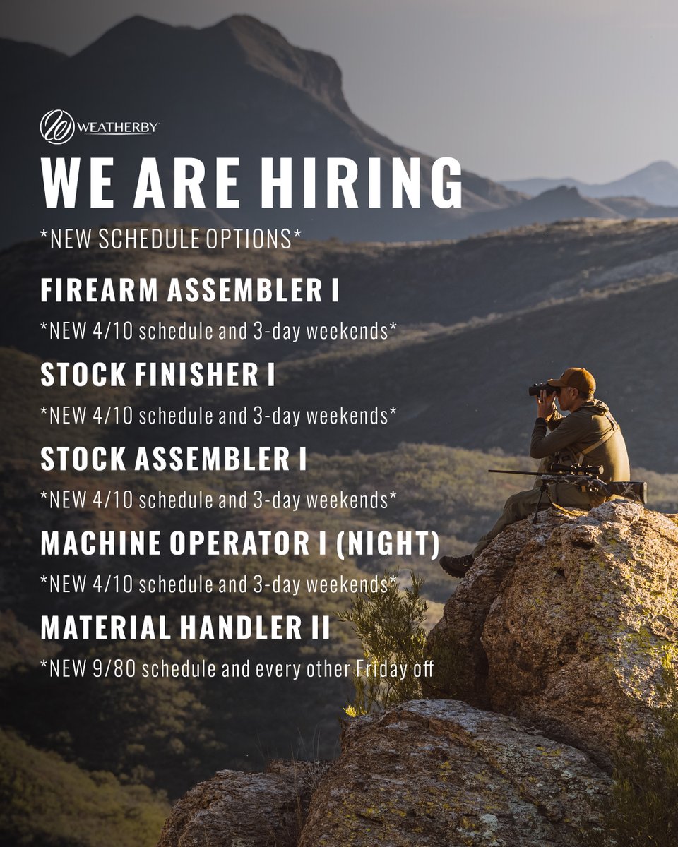 weatherbyinc's tweet image. NEW WORKING SCHEDULE!

We are looking for a variety of talented individuals to join the team!

Apply here: weatherby.isolvedhire.com/jobs/

Tag someone below who would love to work for Weatherby!
#Weatherby
