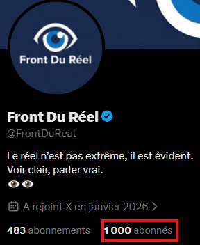 FrontDuReal's tweet image. Merci à vous tous pour les 1000 abonnés !

Quand j’ai lancé ce compte début janvier 2026, c’était juste pour dire une chose simple : le réel n’est pas extrême, il est évident.
Voir clair. Parler vrai. Sans filtre, sans langue de bois, sans campisme débile.

Et voilà qu’on atteint