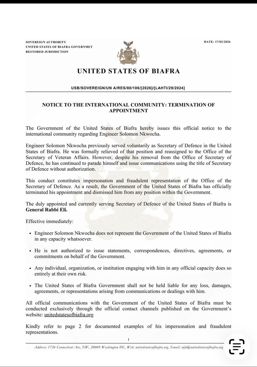 Termination of Appointment: Notice to International Community and