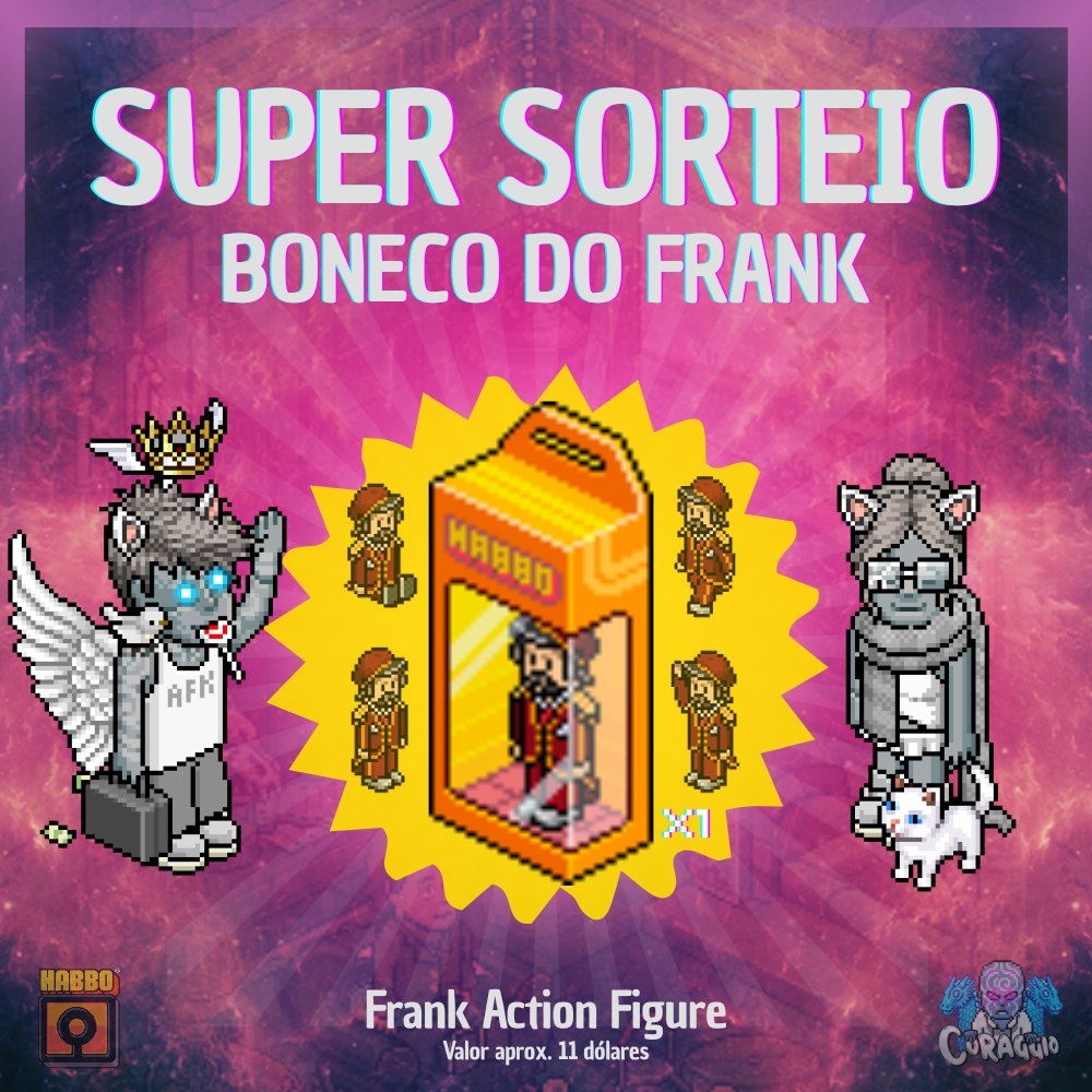 🦸‍♂️ SORTEIO - BONECO DO FRANK 🦸‍♂️

Requisitos: 
1️⃣ Seguir <a href="/CoraggioHabbo/">Coraggio</a>
2️⃣ Dar RT e FAV neste Tweet;
3️⃣ Marcar 3 amigos.
4⃣ Poste seu visual do Habbo, em comemoração as novas abas de visuais.

🌎: Todas as comunidades Habbo podem participar.

🏆: 1 Vencedor 

⚠ Fim: 06/03 #Habbo