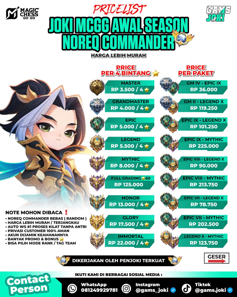 GamsJoki's tweet photo. OPEN JOKI MLBB &amp; MCGG

OPEN 24 JAM⏱️
Promo bisa berakhir kapan saja
buruan order🫡

FREE MONTAGE MOMENT🥶

Harga termurah tp berkualitas
🔥Masih ragu? cek sorotan IG  @gams_joki

📞 WA Admin : 0812-4992-9781
atau dm sosmed kami, Trimakasih🙏🏻

#jokimlbb #jokimcgg #jokigendong https://t.co/xAEa1jiLSO