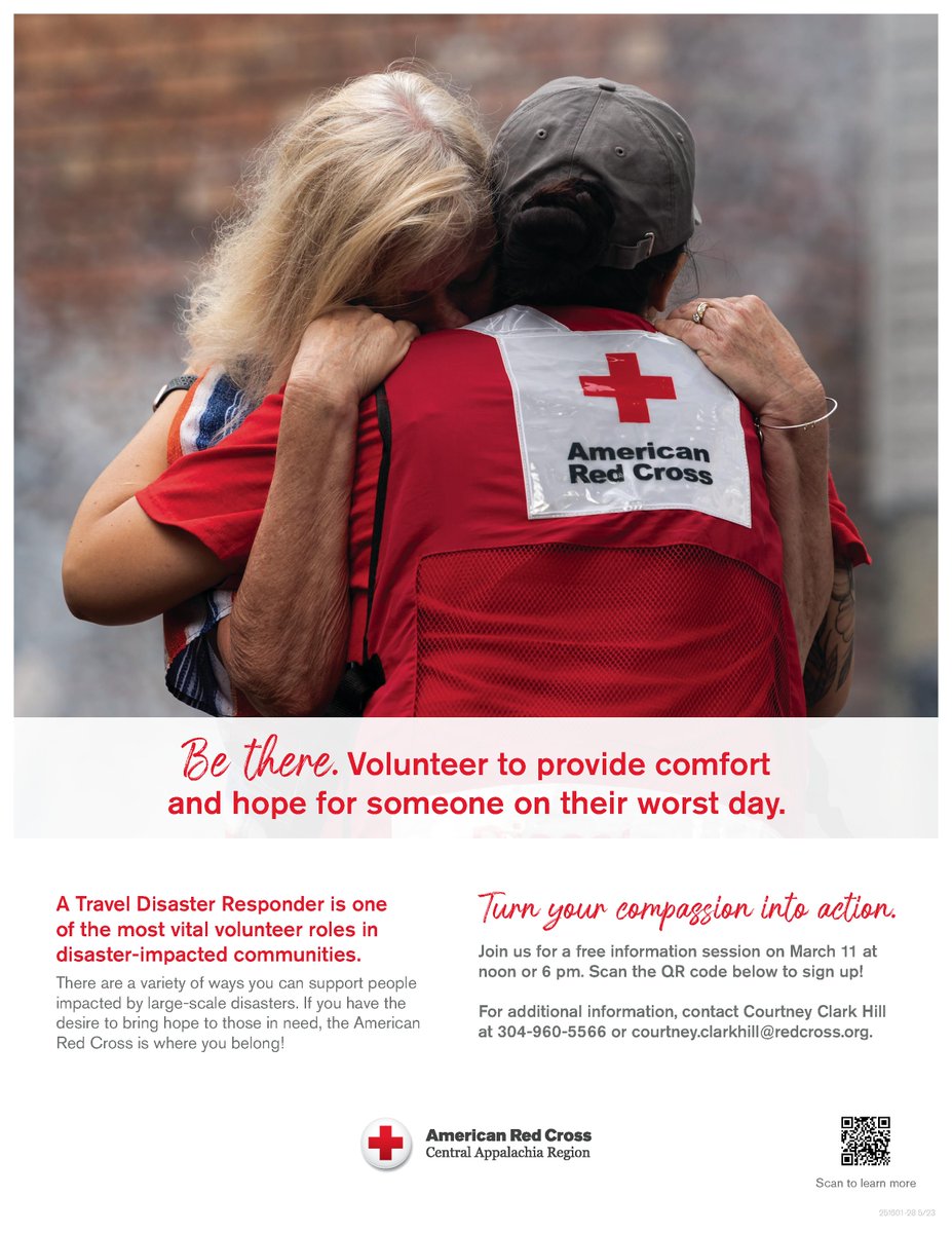 Help communities in WV and nationwide recover from disaster. Volunteer as a Travel Disaster Responder with <a href="/RedCrossCAR/">American Red Cross Central Appalachia Region</a>. No experience needed! Free training provided. Bring comfort and hope to those in need. 💕 Register for the FREE virtual info session to be held March 11 at: