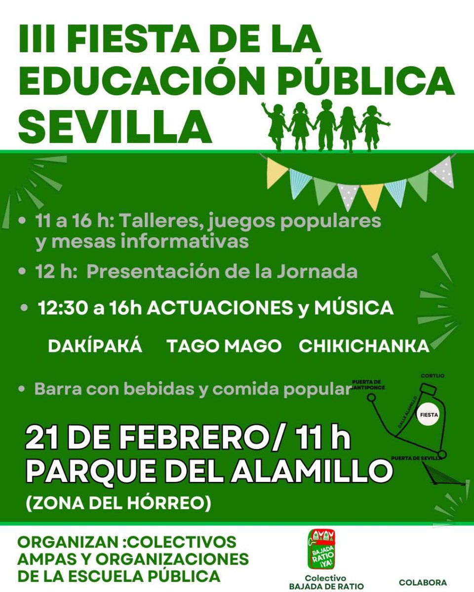 El sábado 21 de febrero vamos a celebrar la educación pública, la de todos y todas. La que incluye y es gratuita. La que defendemos ante la privatización que impone la derecha.

Visita nuestro stand y ven a pasar un día estupendo en el parque del Alamillo.