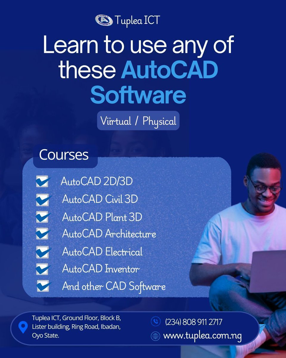tuplea_concept's tweet image. NEXT COHORT STARTS MARCH 2

Tuplea ICT offers structured, hands-on training in:

- AutoCAD 2D/3D
- Civil 3D
- Plant 3D
- Architecture
- Electrical
- Inventor
- And other CAD software

#AutoCAD
#AutoCADTraining
#CADDesign
#LearnAutoCAD
#Civil3D
#Plant3D
#AutoCADArchitecture
