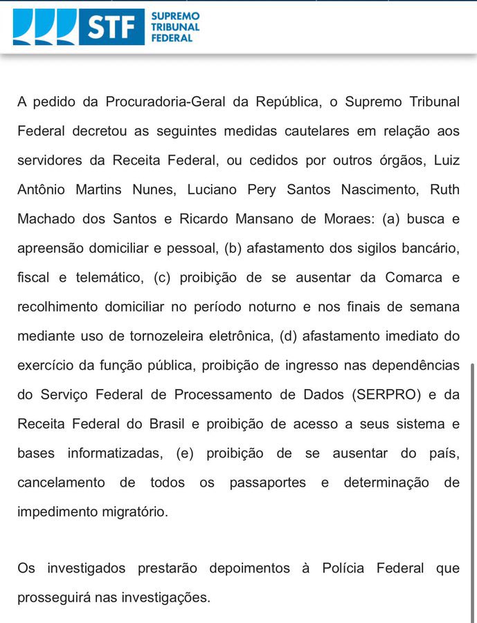 Que doideira, eles expuseram os nomes dos agentes da receita que olharam o imposto de renda dos ministros e ainda os demitiram, colocaram tornozeleira eletrônica, confiscaram seus passaportes e fizeram busca e apreensão nas suas casas.

Realmente o STF é intocável.