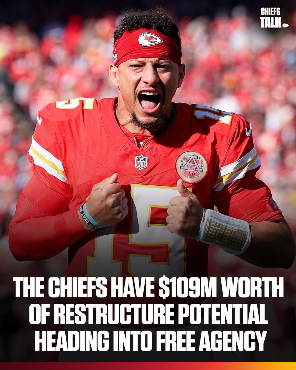 The Chiefs are estimated to be in the top 3 of teams with the most simple restructure potential with an amount of $109m heading into free agency per Over The Cap 👀