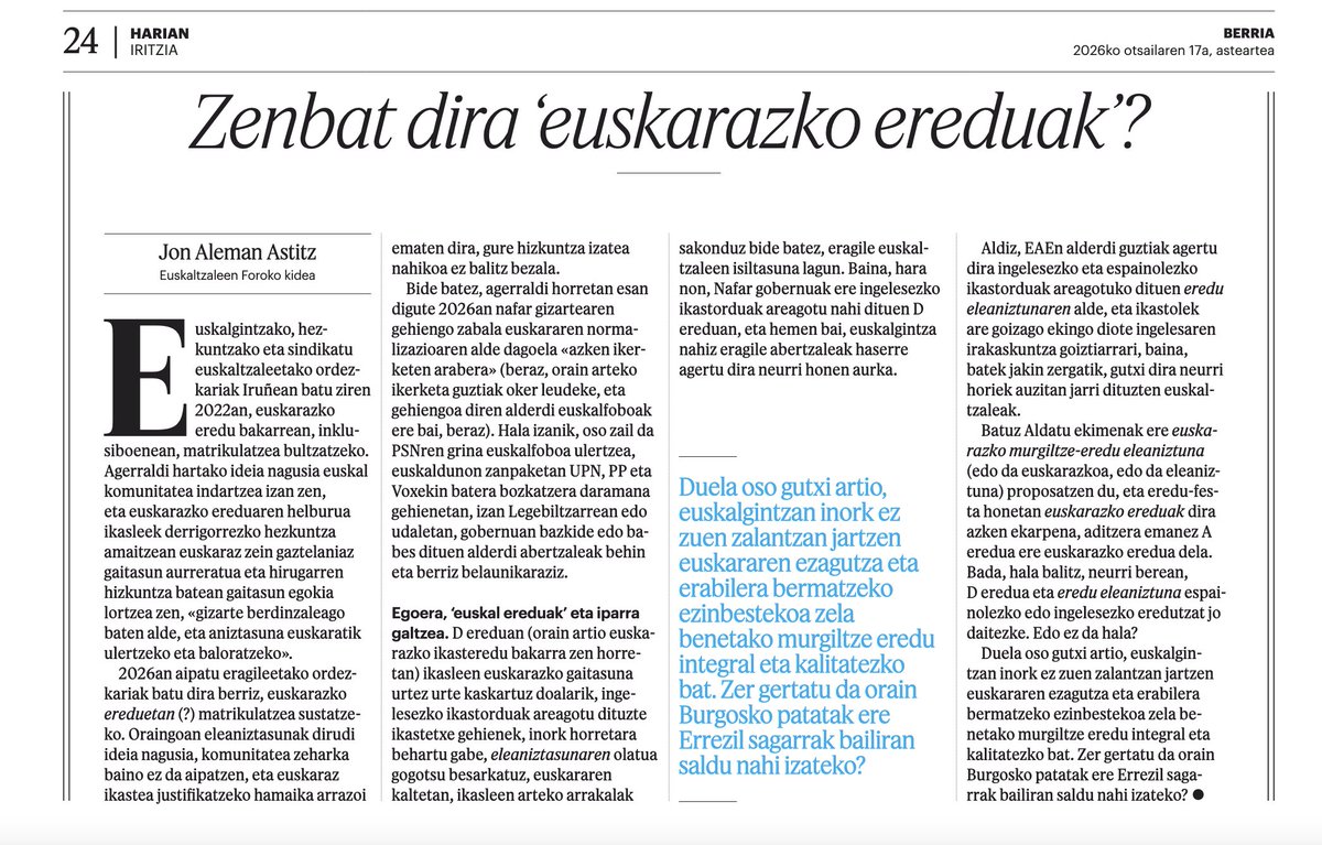 Zenbat dira 'euskarazko ereduak'?

"Duela oso gutxi artio, euskalgintzan inork ez zuen zalantzan jartzen euskararen ezagutza eta erabilera bermatzeko ezinbestekoa zela benetako murgiltze eredu integral eta kalitatezko bat. Zer gertatu da?"

<a href="/Euskalforoa/">Euskaltzaleen Foroa</a> 
berria.eus/iritzia/zenbat…