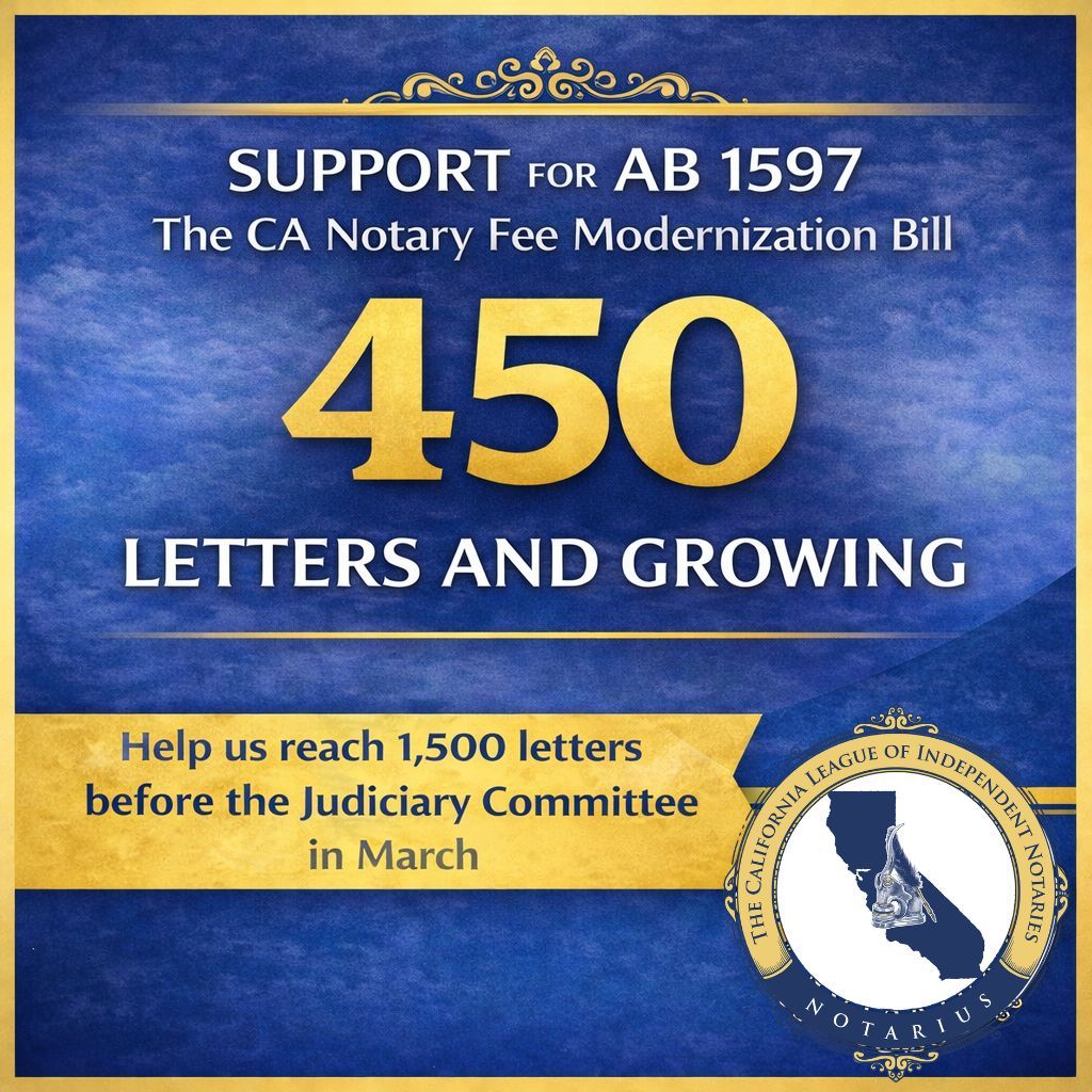 450 letters and growing!

Help us reach 1,500 before the Judiciary Committee hearing in March.

Support AB 1597 and expand access to notarial services in CA:

👉 calnotaries.org/action-center

#AB1597 #CaliforniaNotaries #CLIN