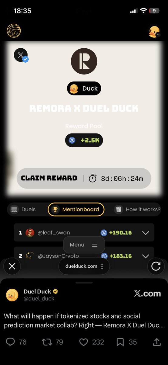 GN everyone 

I will be joining the <a href="/duel_duck/">Duel Duck</a> + <a href="/RemoraMarkets/">Remora Markets</a> creators contest 

Top 75 creators will have a shares in the $2500 reward pool 

It will be ending in 8 days time 

Ranking is based on X score ✅and consistency I guess

Minimum rewards at the moment when I went