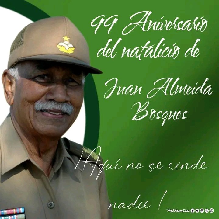 Recordamos hoy al Comandante Juan Almeida Bosque en el Aniversario 99 de su natalicio.
"Aquí te recordamos Comandante...", y junto a usted decimos, "en #Cuba no se rinde nadie"
#Cuba