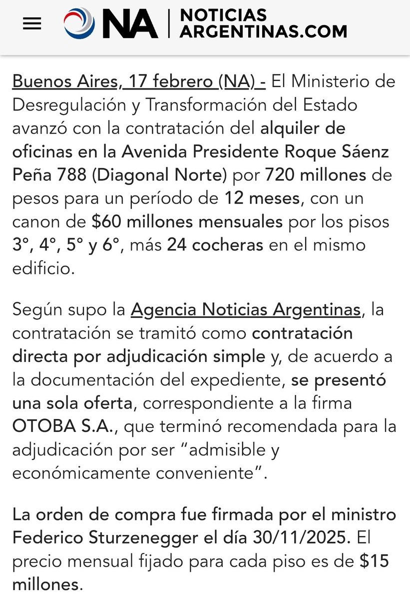 Sturzenegger se alquiló 4 pisos y 24 cocheras en un gran edificio de Diagonal Norte, por un monto total de $720 millones por año.
¿Para qué? Para su "Ministerio de Desregulación".
¿Quién paga? El Estado.
Dicen que recortan gastos y se dan la gran vida con fondos públicos.