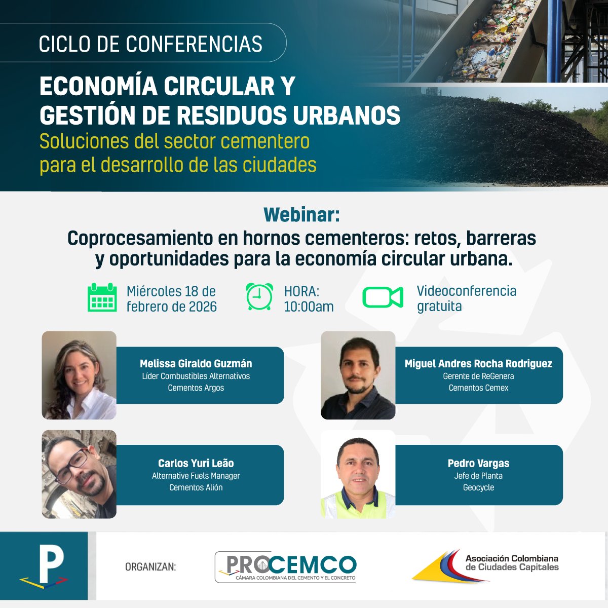 ¿Y si el futuro de las ciudades pasara por transformar residuos en recurso? 

Te esperamos el 18 de febrero con Melissa Giraldo, Miguel Rocha, Pedro Vargas y Yuri Leao para hablar de economía circular aplicada a la gestión de residuos.

Regístrate: us02web.zoom.us/webinar/regist…
