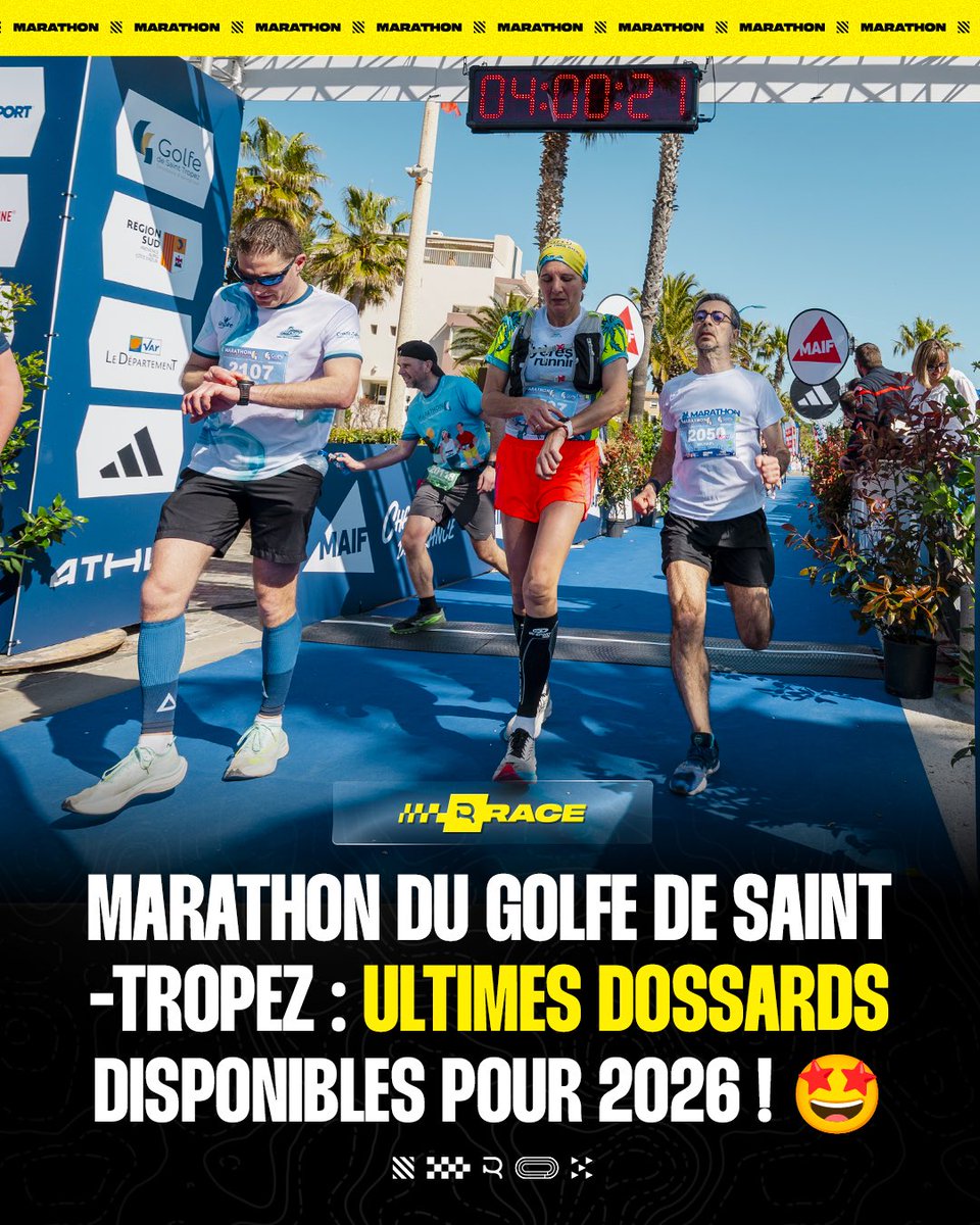 🚨🚨 𝙐𝙇𝙏𝙄𝙈𝙀𝙎 𝘿𝙊𝙎𝙎𝘼𝙍𝘿𝙎 disponibles pour le « Marathon du Golfe de Saint-Tropez » (🇫🇷) 𝘲𝘶𝘪 se déroule le dimanche 29 mars 2026 ! 🙆‍♂️ En détails : 

🏝️ Parcours entre 𝙢𝙚𝙧, collines, villages provençaux
🏝️ Expérience de course 𝙢𝙖𝙜𝙞𝙦𝙪𝙚 sur la Côte d’Azur
🏝️