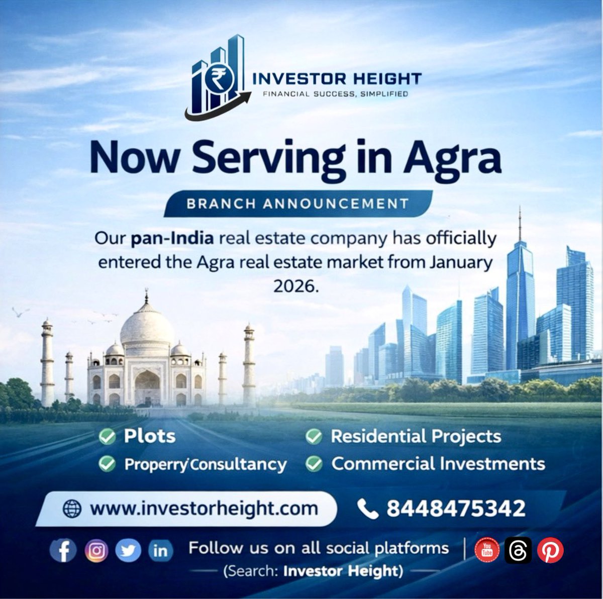 Investor Height is now serving in Agra! 

We are excited to bring our pan-India real estate excellence to the Agra market. From January 26, discover premium investment opportunities tailored to your financial goals.

Ready to secure your future? Let’s build your legacy together.