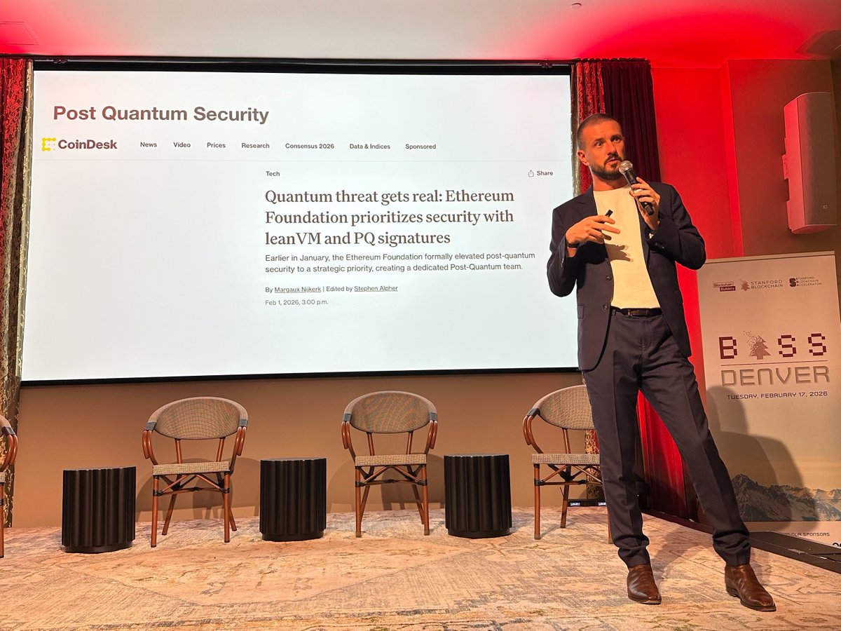 “Ethereum has the lowest counterparty risk, jurisdictional risk, and technology risk.

It will also have the best solution to solve post-quantum security.

This is why institutions choose (and will keep choosing) Ethereum.”

 — <a href="/tkstanczak/">Tomasz K. Stańczak</a> at <a href="/StanfordSBA/">Stanford Blockchain Accelerator (SBA)</a>’s BASS Denver today.