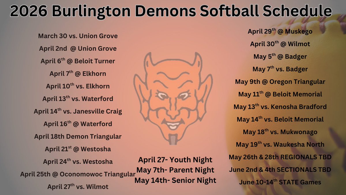 Demon Softball Schedule

Season is almost here. Come out and support the 2026 Demon Softball Team.  We are in for an exciting season!!  Don't miss the action. 

Here is our 2026 Schedule!!🧡🥎🖤