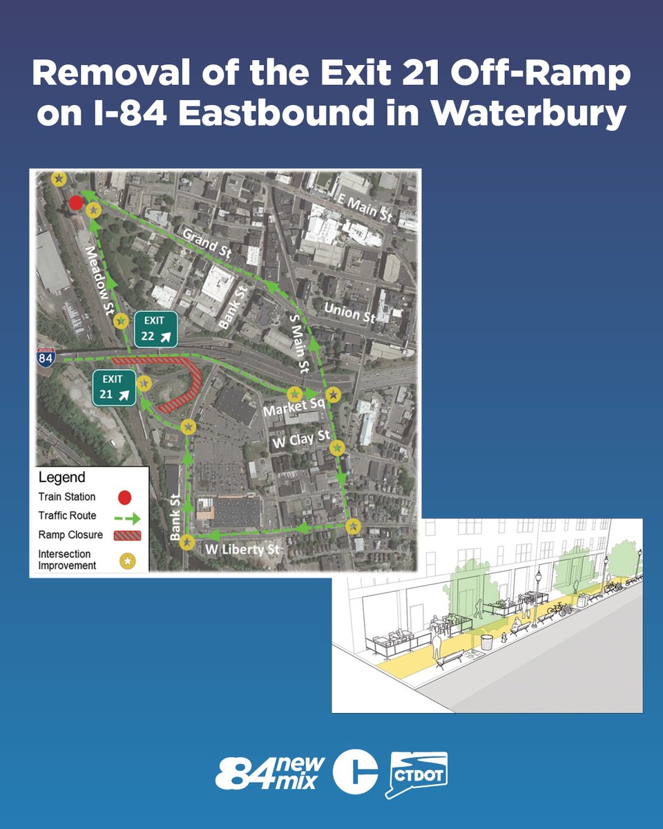 Construction for the Removal of the Exit 21 Off-Ramp on I-84 EB in Waterbury is scheduled to start this year! This breakout project, identified in our PEL Study, aims to improve local roads with new traffic signals, sidewalks, and landscaping. Learn more at the link in our bio!