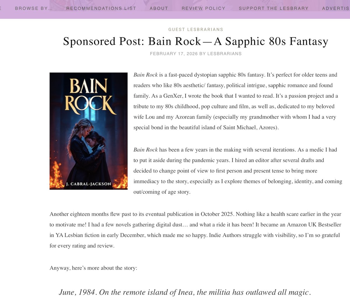 JCabralJackson's tweet photo. Sponsored Post: Bain Rock—A Sapphic 80s Fantasy https://t.co/sH1jNjiO0V  Read about the novel and the inspiration behind it. 😊 #bainrock #dystopianfantasy #80sfantasy #sapphicfantasy #lesbianfantasy #darkfantasy #author #writingcommunity https://t.co/La9FWO3MNu