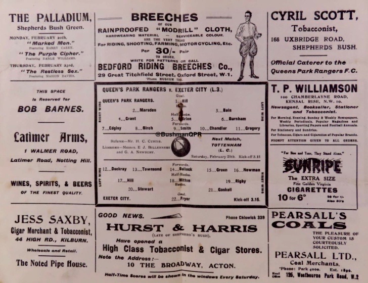 BushmanQPR's tweet photo. #OTD in 1922 @QPR 2-1 @OfficialECFC Arthur Chandler and Clarence Gregory score for #QPR in front of 10,000 at Loftus Rd. #QPRhistory https://t.co/dovZk5SQXr
