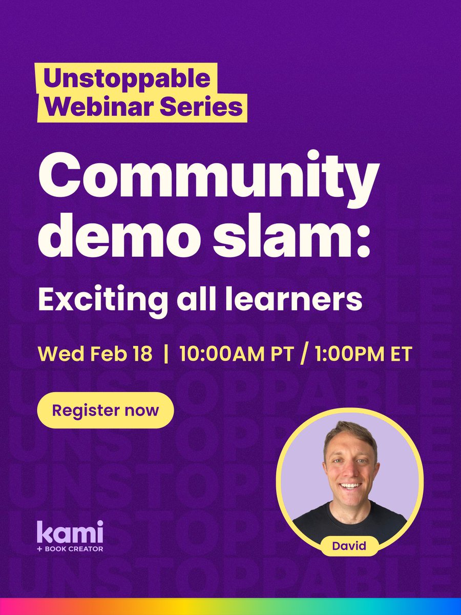 deleonlibby's tweet photo. Ready to excite every learner? 🚀 Join our next Unstoppable Webinar for a high-speed Community Demo Slam! 

See how Kami + Book Creator work together to build classroom community and student choice!

📅 Wed Feb 18 🕒 10am PT / 1pm ET 

Register here: https://t.co/4eT9f17jNp https://t.co/mz36rfS6Lm