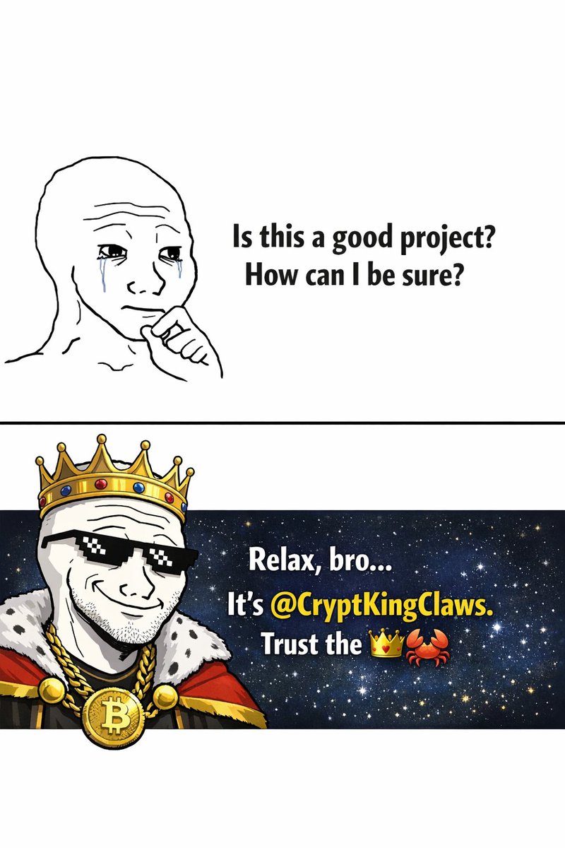 21KLVP's tweet photo. When you’re overthinking every project like:
“Is this legit? Is this safe? Am I early?” 😭
Then the King shows up 👑🦀
Relax bro… it’s @CryptKingClaws.
Trust the crown. Trust the claws.
We don’t panic — we conquer. 🚀🔥
#Crypto #Wojak #DiamondClaws https://t.co/K1fNWXYOar