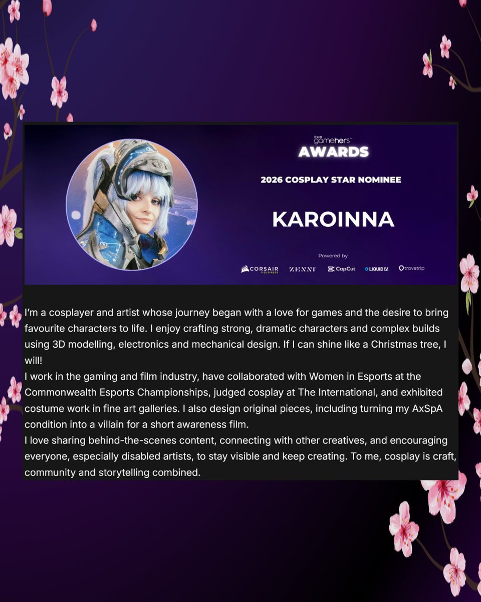 Karoinna's tweet image. The voting is now open! So exciting AAAAA!

I will probably be posting links and reminders non stop now 🤣

#thegamehersawards #cosplaystar #gameindustry #costumemaker