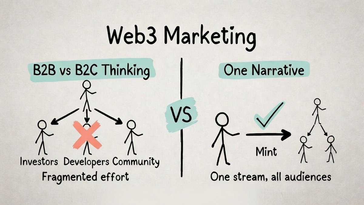 BertBlancheton's tweet photo. What web3 marketing actually looks like when you stop pretending B2B and B2C exist.

Real examples. Real patterns.

Most web3 projects still market like it's 2015. Separate decks for investors and users. Different messaging for developers and community. Enterprise sales process for one group, community building for another.

That's why most web3 marketing is boring. You're splitting your energy across artificial categories.

The projects that win do something different. They build one coherent narrative that works across all audiences.

Look at how successful protocols actually market:

- They publish technical documentation that's so clear, non-technical people can follow it. They're not dumbing down for consumers or complexifying for enterprises. 
They're just being clear.

- They share building updates that work for everyone. Developers see the technical progress. Community sees the momentum. Investors see the execution. Same update, different value extraction.

- They create frameworks that anyone can apply. The framework serves developers building on the protocol, founders thinking about similar problems, and community members explaining the project to others.

One piece of content, multiple use cases. That's efficient.

Compare that to traditional B2B marketing. You write a whitepaper for enterprises that your community will never read. You create memes for community that your investors will never see. You're fragmenting your message and your effort.

Web3 projects that scale do the opposite. They create content so valuable that everyone wants it.

Technical deep dives that are actually readable. Market analysis that's genuinely insightful. Building updates that show real progress.

The content doesn't ask "is this for B2B or B2C?" It asks "is this valuable enough that anyone in web3 would want to read it?"

That's the standard.

Here's what changes when you adopt this approach:

- Your content team gets smaller and more focused. You're not maintaining separate content streams. You're building one high quality stream that serves everyone.

- Your message gets clearer. When you're trying to speak to everyone, you find the core truth that matters. The noise falls away.

- Your community gets stronger. When investors, developers, and users are all reading the same content, they're building shared context. That creates better conversations and stronger alignment.

The projects still stuck in B2B vs B2C thinking are the ones posting generic market updates and partnership announcements. They're creating content that nobody actually wants.

The projects winning are the ones creating content so good that people bookmark it regardless of whether they're "B2B" or "B2C."

Are you educating? Are you providing frameworks? Are you sharing genuine insights? Are you showing real progress?

That's what matters. The rest is legacy thinking from an era that doesn't apply to web3.