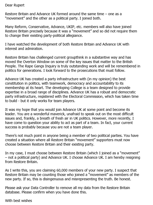 Rupert has created a situation where all Restore Britain “movement” supporters must now choose between Restore Britain as a new party and their existing party. Here's my decision.