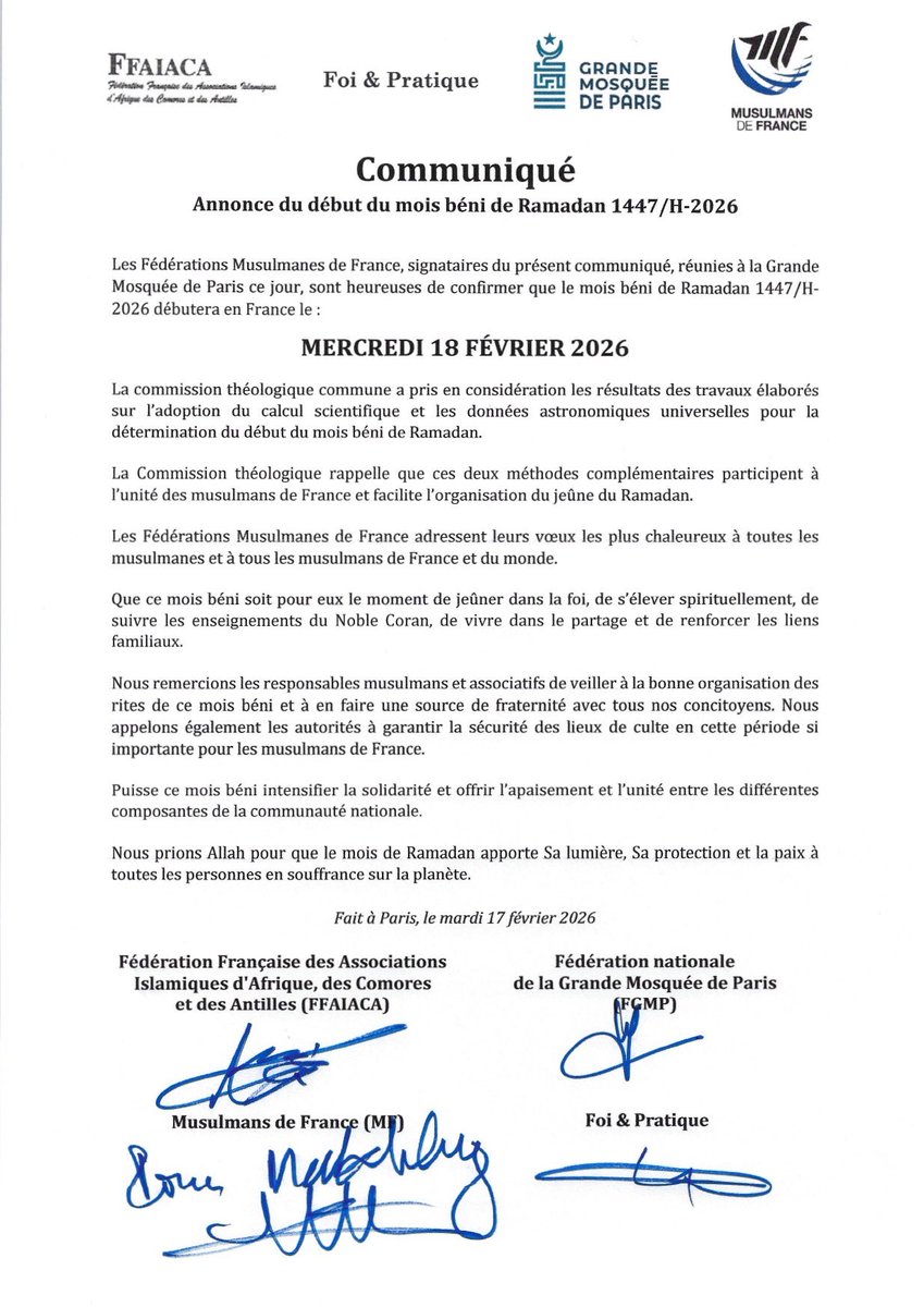 mosqueedeparis's tweet image. 𝐂𝐨𝐦𝐦𝐮𝐧𝐢𝐪𝐮𝐞́ | Les fédérations nationales FFAIACA, GMP, MF et Foi&amp;amp;Pratique annoncent le début du mois béni de #Ramadan 2026-1447/H en France au MERCREDI 18 FÉVRIER 2026 Inch'Allah :

➡️ grandemosqueedeparis.fr/post/communiqu…