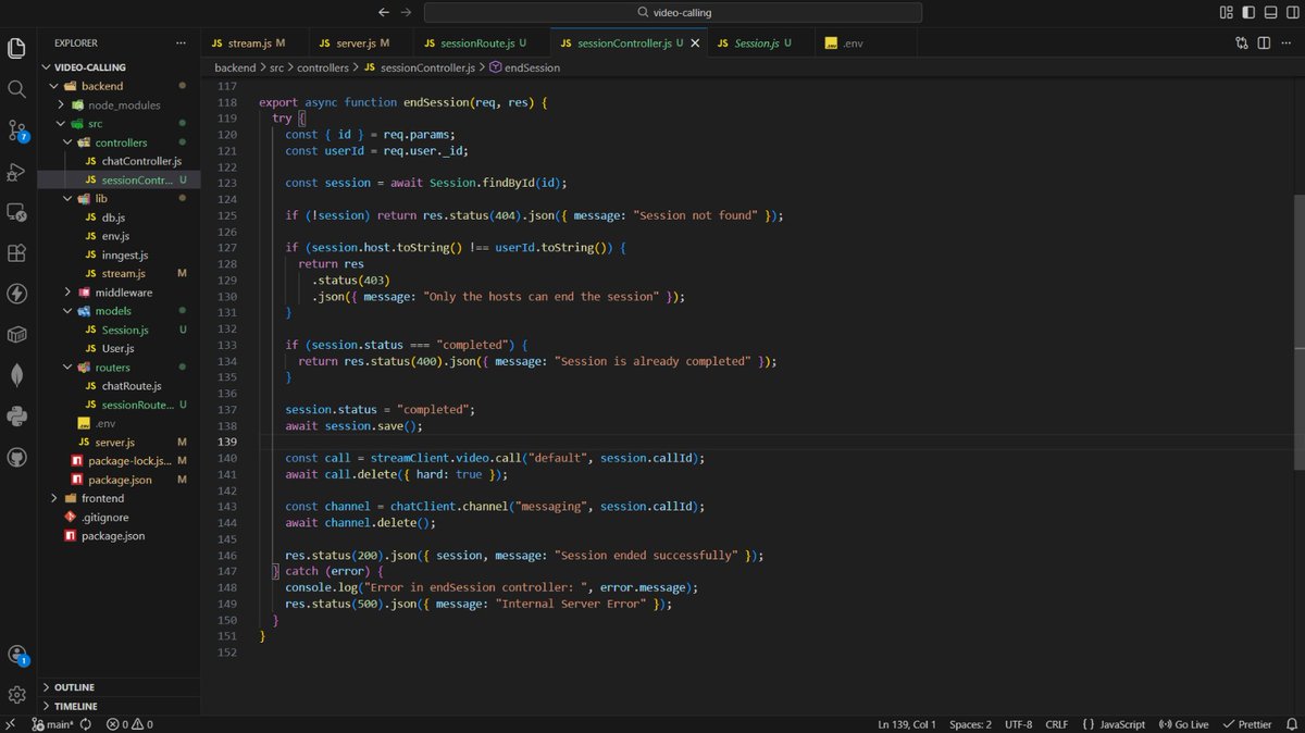 s_dhanush11's tweet photo. #Day6 of building MERN Stack Project
1️⃣Built the sessionController which contains session creation,getting active sessions, getting recent sessions, session joining and ending.
2️⃣Deployed the same in Render.
#MERN #Project #WebDevelopment #FrontendDevelopment #BackendDevelopement https://t.co/lq4zzwh2BG