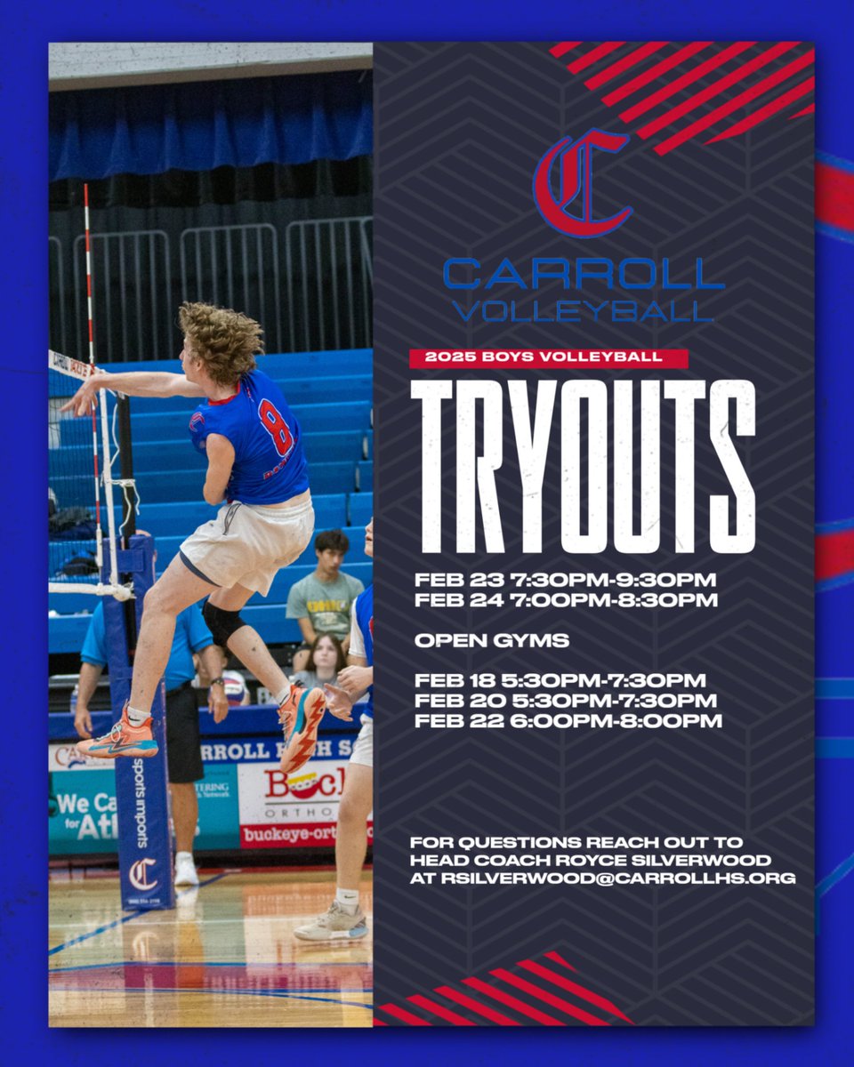 Carroll Boys Volleyball upcoming calendar events!

TRYOUTS
2/23 7:30PM-9:30PM 
2/24 7:00PM-8:30PM

OPEN GYMS
2/18 5:30PM-7:30PM 
2/20 5:30PM-7:30PM 
2/22 6:00PM-8:00PM 

Any questions reach out to HC Royce Silverwood at rsilverwood@carrollhs.org

<a href="/carrollpatriots/">Archbishop Carroll High School</a> @carrollathdept