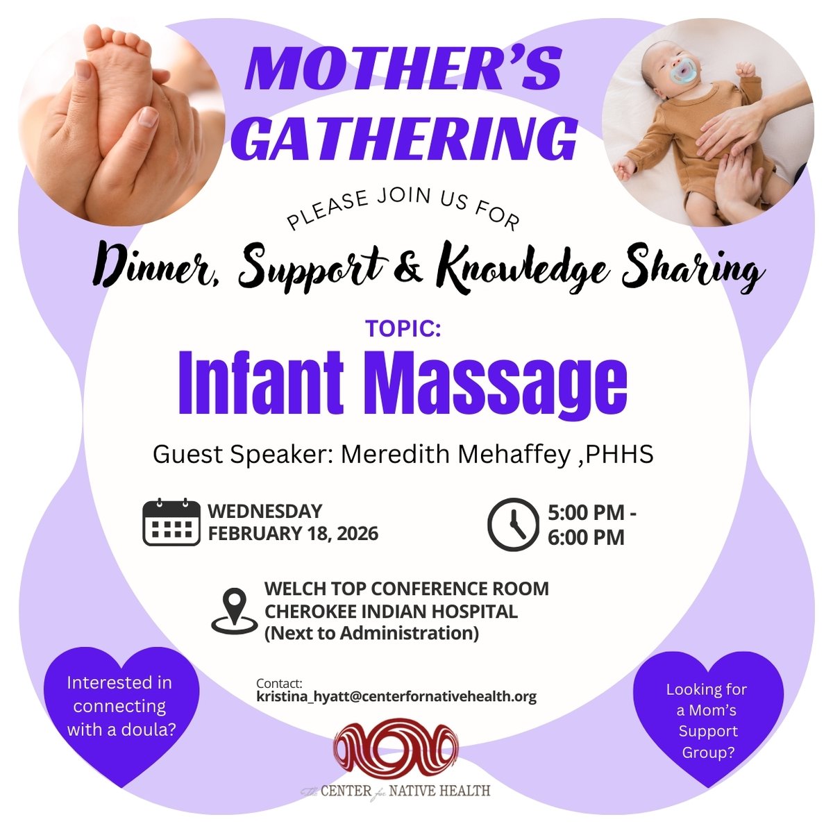 Please join to discuss Infant Massage and enjoy delicious charcuterie board tomorrow, Wed. Feb. 18th. 
📍This gathering is at the Top Welch Conference Room at CIHA