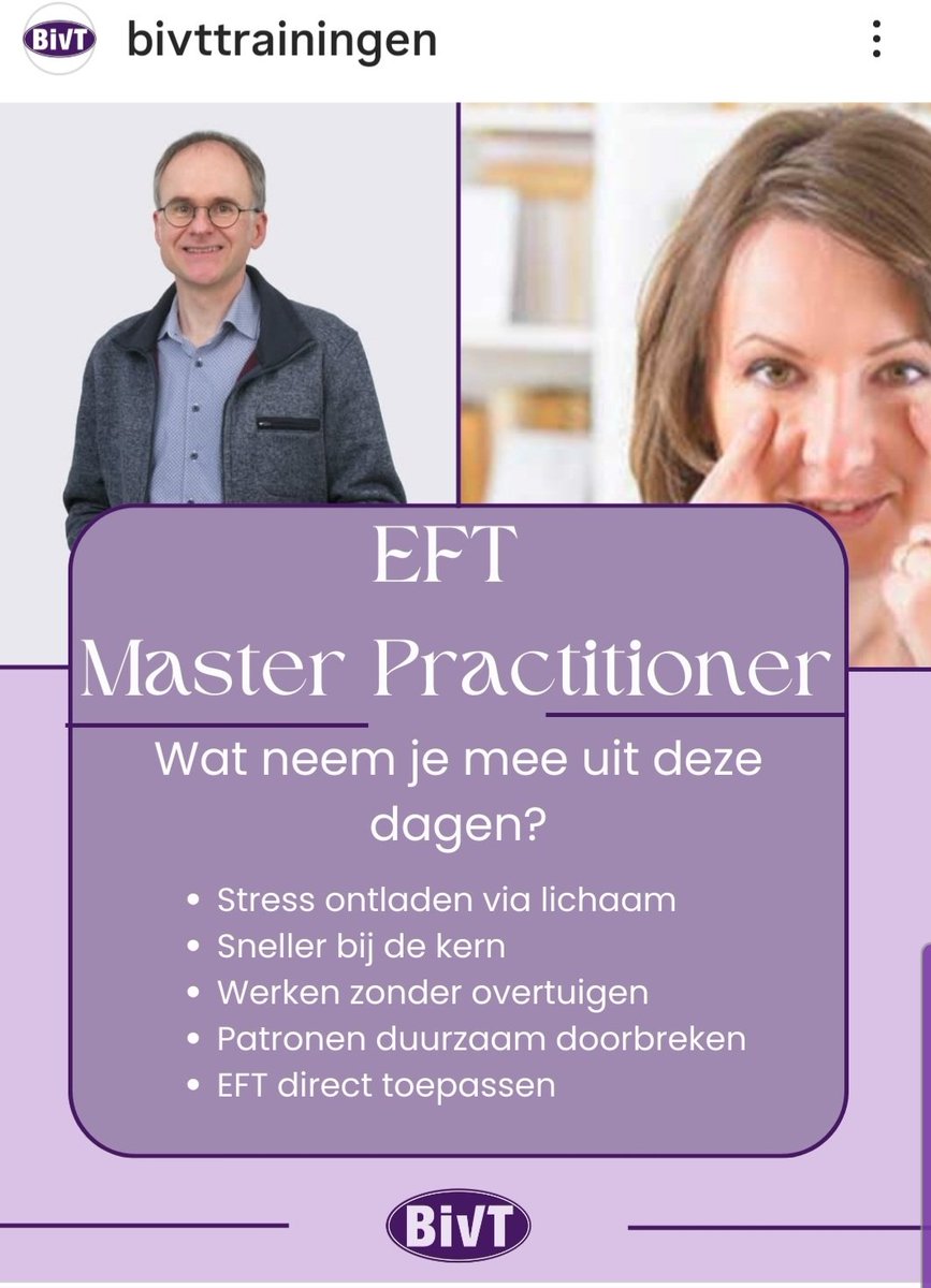 EFT Master Practitioner
Begeleid cliënten met kracht, precisie en diepgang.

Praten helpt niet altijd. Soms zit stress vast in het lichaam en blijven klachten terugkomen. EFT (Emotional Freedom Techniques) werkt.  Bivt.nl 
                 instagram.com/p/DUsTkaqj8OS/…