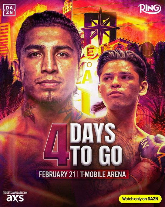 Four days until The Ring: High Stakes takes over Sin City 🎰

🥊 Mario Barrios vs Ryan Garcia
🥊 Hitchins vs Duarte
🥊 Russell vs Hiraoka
🥊 Martin vs Albright
🥊 Melikuziev vs Agbeko

The Ring: High Stakes | Exclusively on DAZN | Feb 21st in Las Vegas 🥊