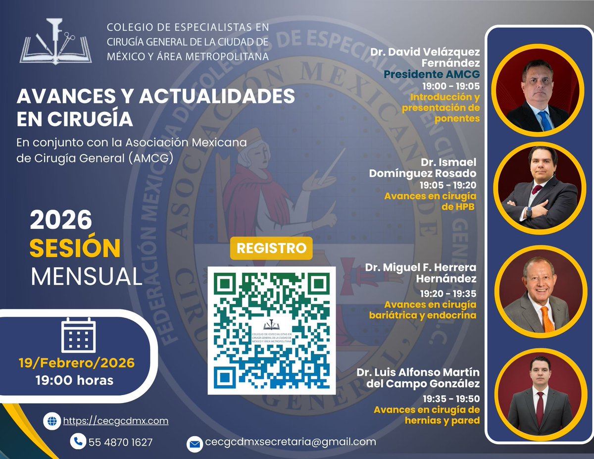 CecgcdMx's tweet photo. 🗓️ ¡Aparta la fecha! Sesión Mensual: "Avances y Actualidades en Cirugía".
🤝 En conjunto con la AMCG.
📅 19 de febrero | 19:00 hrs.
✅ Registro vía QR o en https://t.co/uDM29WUJ04
¡Actualiza tu práctica profesional con los expertos! 🩺💻 #Cirugía #Salud #CDMX https://t.co/YKQHkT16q8