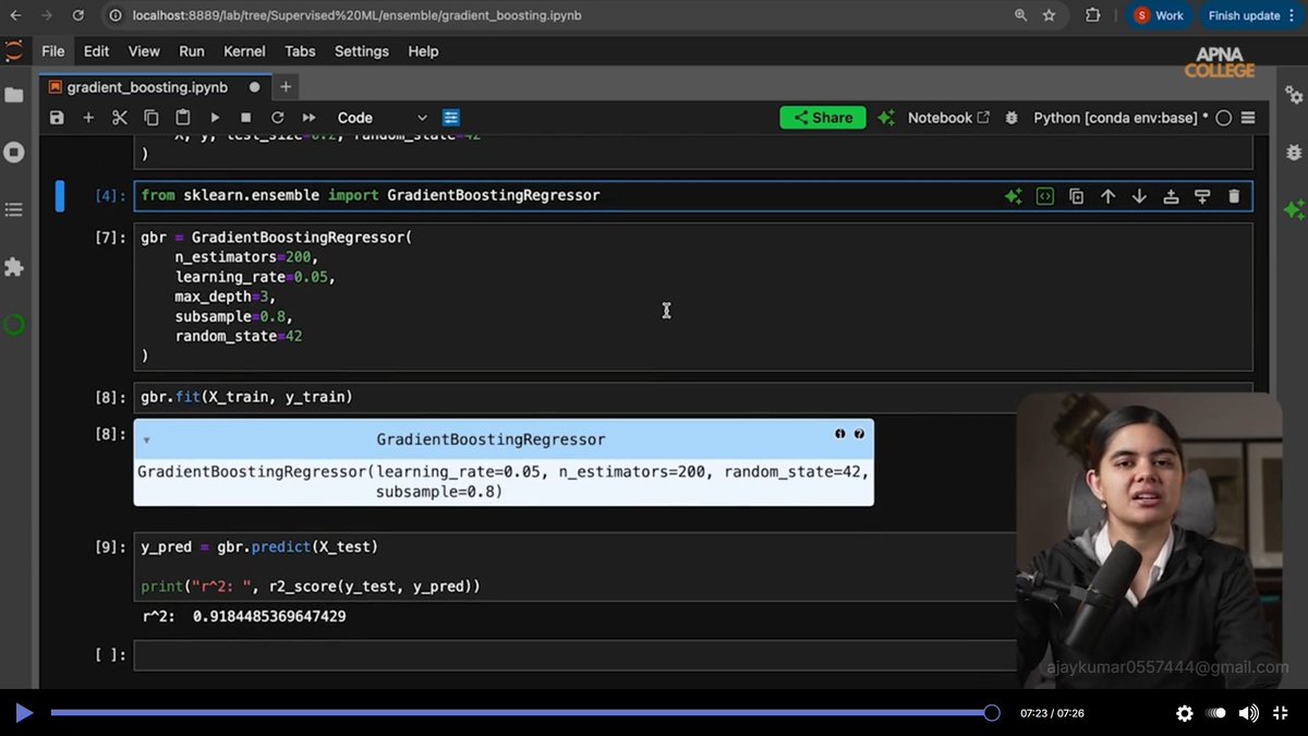 AjayKumar_0205's tweet photo. 🚀 Supervised ML – Part 6 🚀
Started Gradient Boosting: regressor &amp; classifier, intuition + code.
Learning how boosting builds strong models step by step 🧠📈
#ShradhaKhapra_ #ApnaCollegeX #AIML #MachineLearning #LearningInPublic https://t.co/7DyNdYa9JB