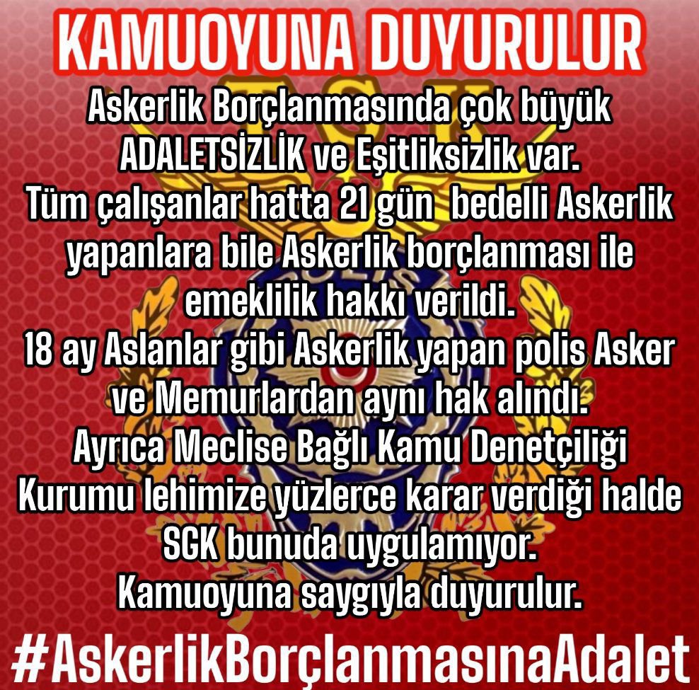 y7187013's tweet photo. @Gozde_celik9 #AskerlikBorçlanması nda;

çok büyük ADALETSİZLİK var.

Tüm çalışanlara ASKERLİK BORÇLANMASI'nın sigorta başlangıcı olması hakkı sadece Asker, Polis ve Memurlardan SGK nın genelgesi ile alındı.
Lütfen bizi unutmayın. https://t.co/A40GgU1zk6