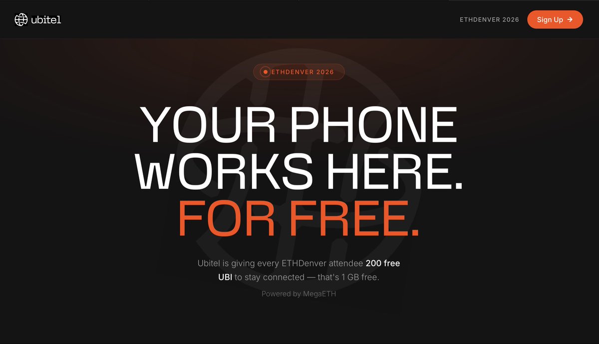Heading to ETHDenver? 🏔️

Your phone works there. For FREE.
✴️💸📲

Ubitel is giving out free data credits at <a href="/EthereumDenver/">ETHDenver 🏔🦬🦄</a> and right now every eSIM purchase earns 5X POINTS 🔥 powered by <a href="/megaeth/">MegaETH</a> 

Stay connected. Stack rewards. 👇
ubi-tel.github.io/DENVER/