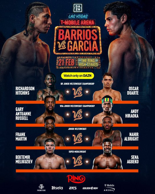 Full Fight Card for Saturday in Las Vegas:

- Mario Barrios vs Ryan Garcia
- Richardson Hitchins vs Oscar Duarte
- Gary Antuanne Russell vs Andy Hiraoka
- Frank Martin vs Nahir Albright
- Bektemir Melikuziev vs Sena Agbeko