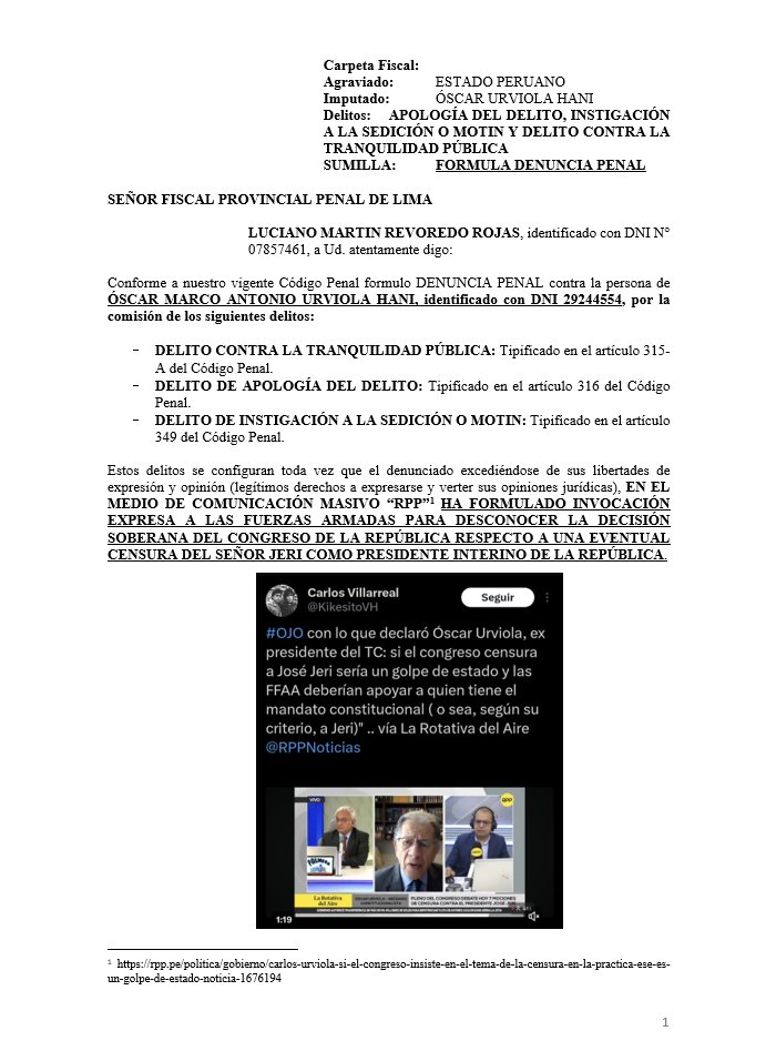 El señor ÓSCAR URVIOLA HANI <a href="/OscarHani68669/">Oscar Urviola Hani</a> excediéndose de sus libertades de expresión y opinión (legítimos derechos a expresarse y verter sus opiniones jurídicas), en el medio de comunicación masivo “RPP” ha formulado invocación expresa a las fuerzas armadas para desconocer la
