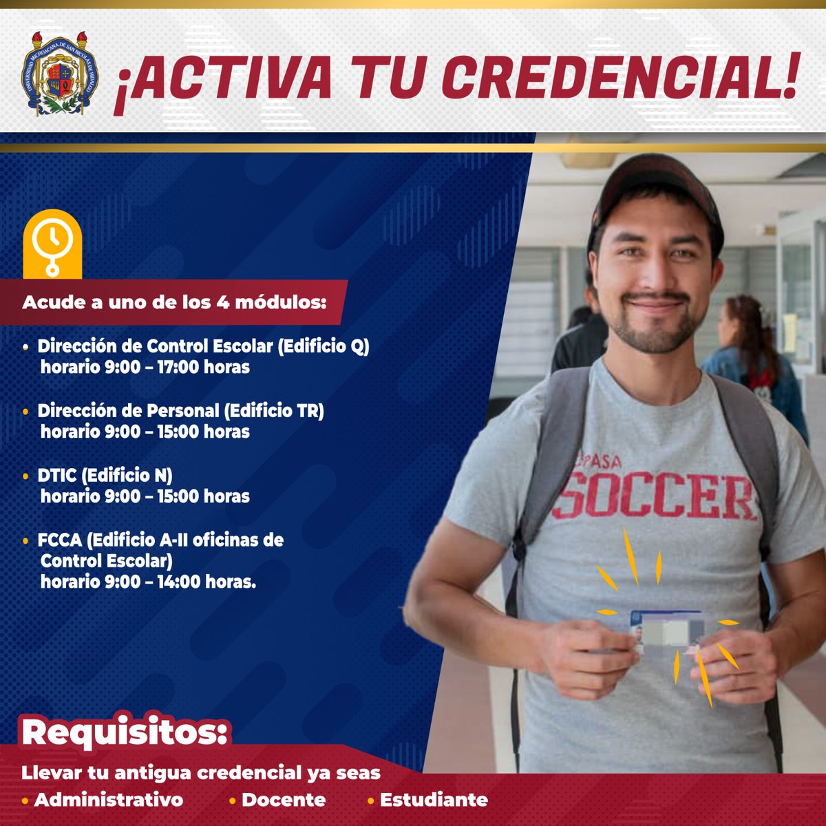 UMSNH_Oficial's tweet photo. Recuerda que la credencial institucional vigente será obligatoria para ingresar a Ciudad Universitaria. Si aún no la tienes o necesitas actualizarla, realiza tu trámite cuanto antes: personal docente y administrativo en Dirección de Personal; estudiantes en Control Escolar, edificio Q.

¡El trámite es rápido y fortalece la seguridad de nuestra comunidad!

#HumanistaPorSiempre #HazMásPaz #YoYaSoyNicolaita #PlanMichoacanPorLaPazYLaJusticia #NicolaitasPorLaPaz #TequiosNicolaitas #TequiosporlaPazyContralasAdicciones