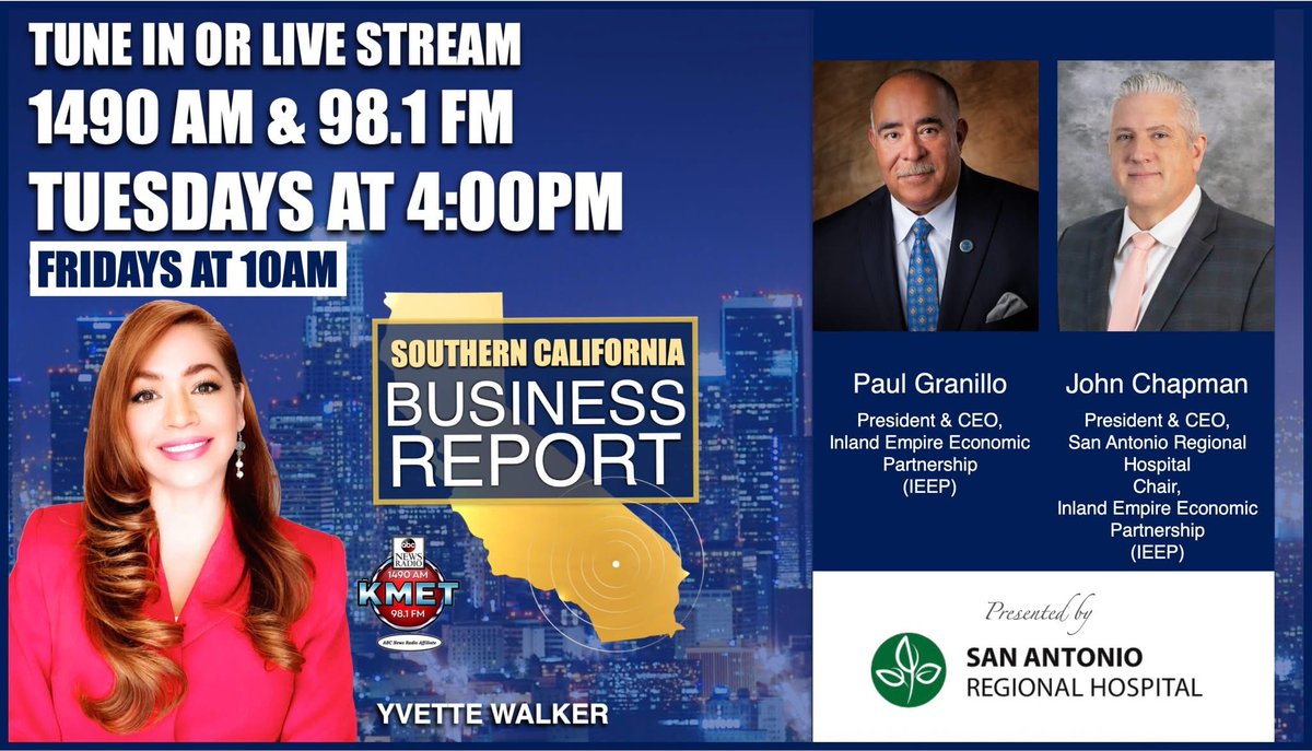 TODAY- AT 4pm - <a href="/KMETRadio/">KMET1490AM</a> 
&amp; FRIDAY AT 10am
📺vimeo.com/event/4790975/…

STATE OF THE REGION - We’re honored to welcome Paul Granillo, President &amp; CEO of Inland Empire Economic Partnership (<a href="/IEEP_/">IE Economic Partnership</a> and John Chapman, President &amp; CEO of <a href="/SanAntonioHosp/">San Antonio Regional Hospital</a>